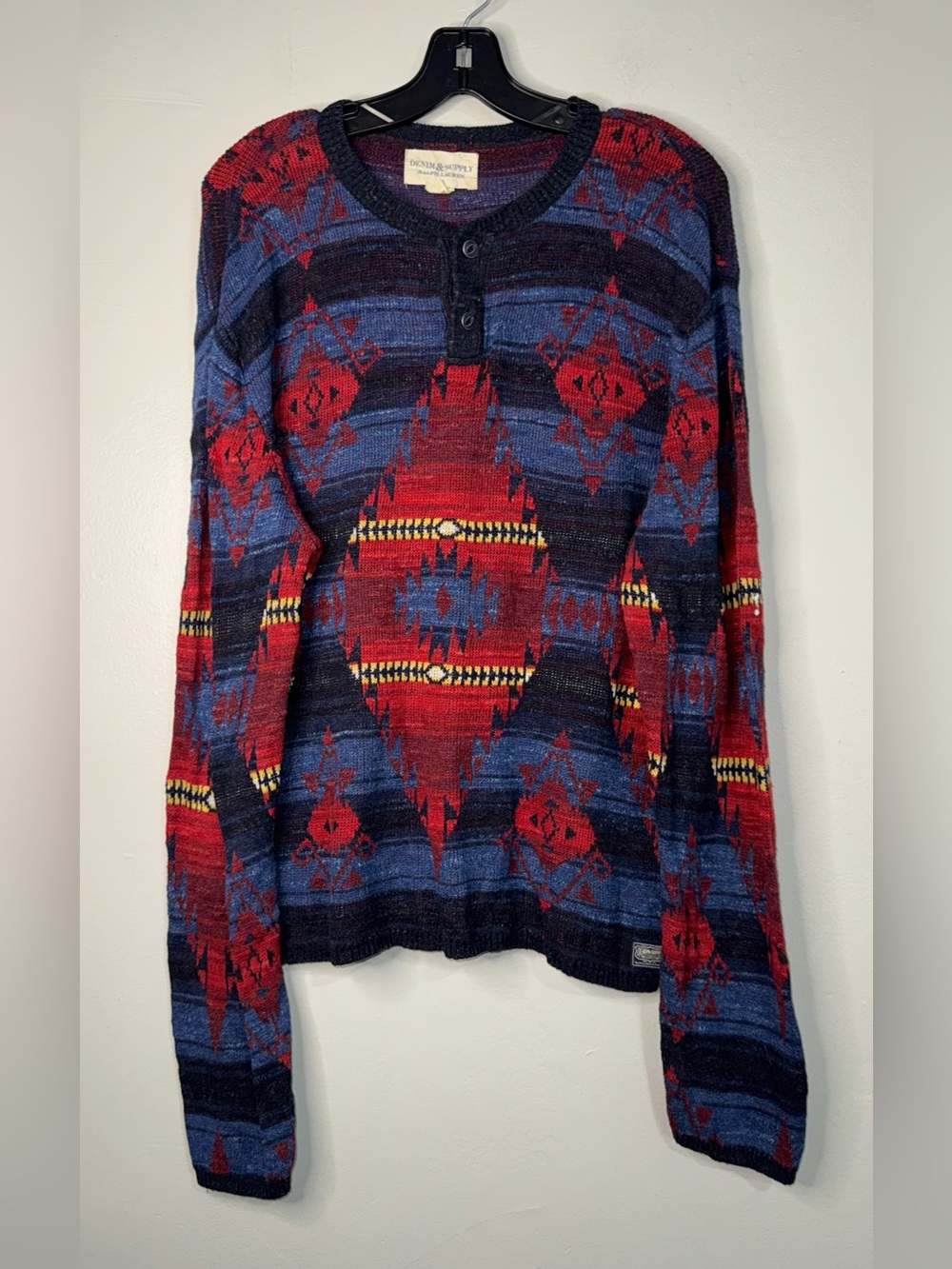 Denim & Supply Ralph Lauren Red, Blue & Yellow Aztec Henley Sweater